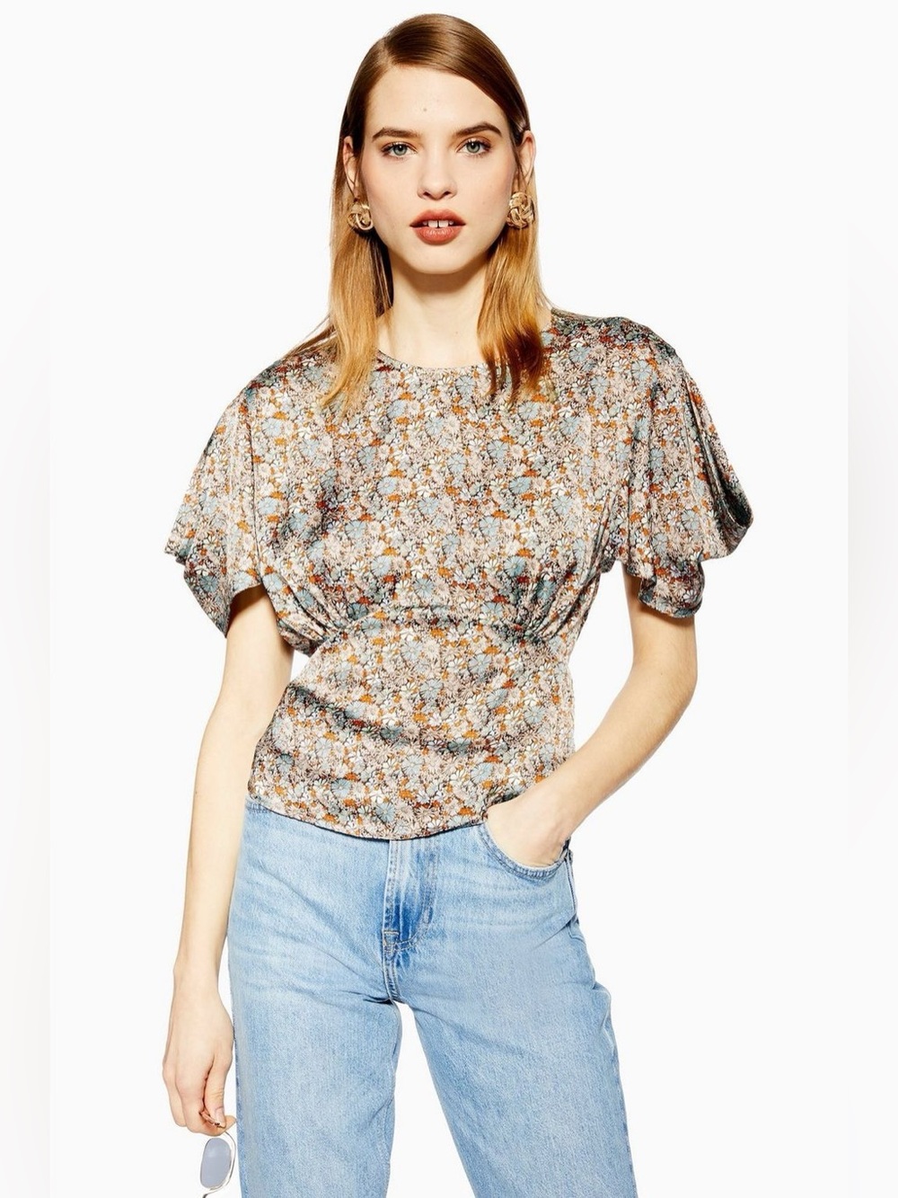 Topshop Daisy Tea Top Floral Open Back Tie Blouse Blue Brown US 14